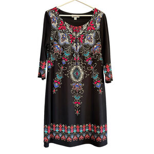 Dress Barn Multicolored Floral Summer Dress Womens 12 Black 3/4 Sleeves Scoop